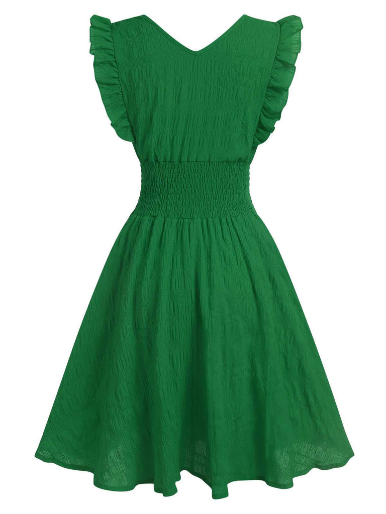1950s V-Neck Smocked Waist Ruffles Sleeveless Dress — a 1950s silhouette that turns sidewalks into runways