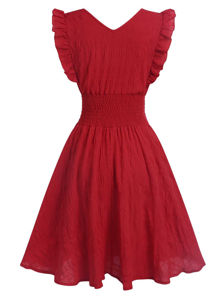 1950s V-Neck Smocked Waist Ruffles Sleeveless Dress: where 1950s romance meets her modern spirit