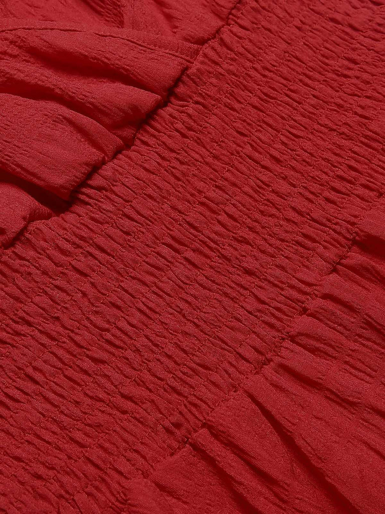 1950s V-Neck Smocked Waist Ruffles Sleeveless Dress — the kind of 1950s dress that makes strangers smile