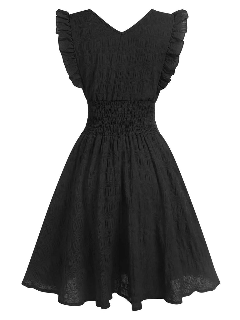 She slips into this 1950s V-Neck Smocked Waist Ruffles Sleeveless Dress and suddenly it's a 1950s daydream