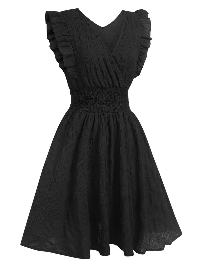 1950s V-Neck Smocked Waist Ruffles Sleeveless Dress: where 1950s romance meets her modern spirit