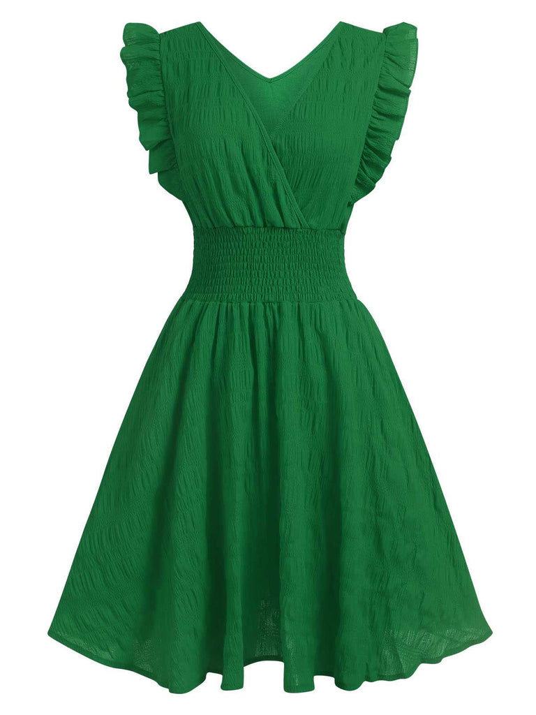 1950s V-Neck Smocked Waist Ruffles Sleeveless Dress — the kind of 1950s dress that makes strangers smile