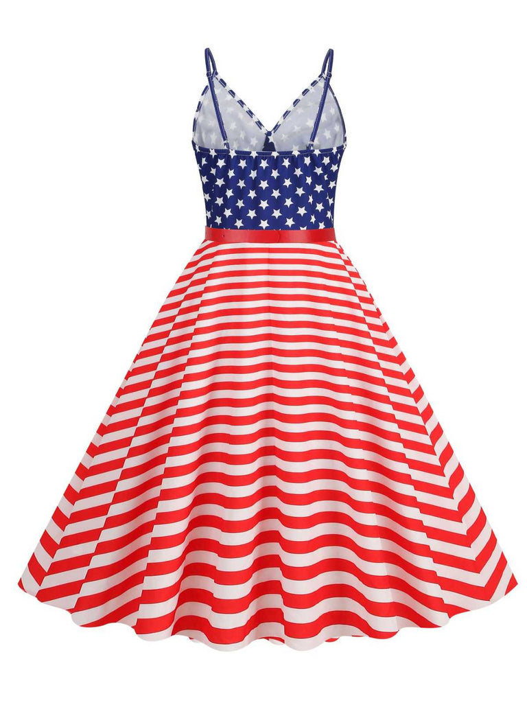 1950s V-Neck Star Stripes Flag Belted Swing Dress - vintage dress, retro fashion, rockabilly