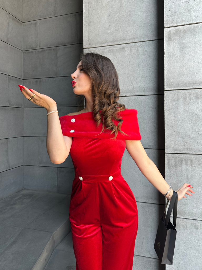 1950s Velvet Off Shoulder Button Jumpsuit - vintage jumpsuit, retro fashion