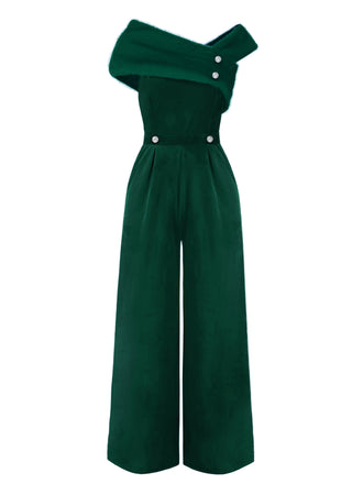 She finds her 1950s story in this 1950s Velvet Off Shoulder Button Jumpsuit
