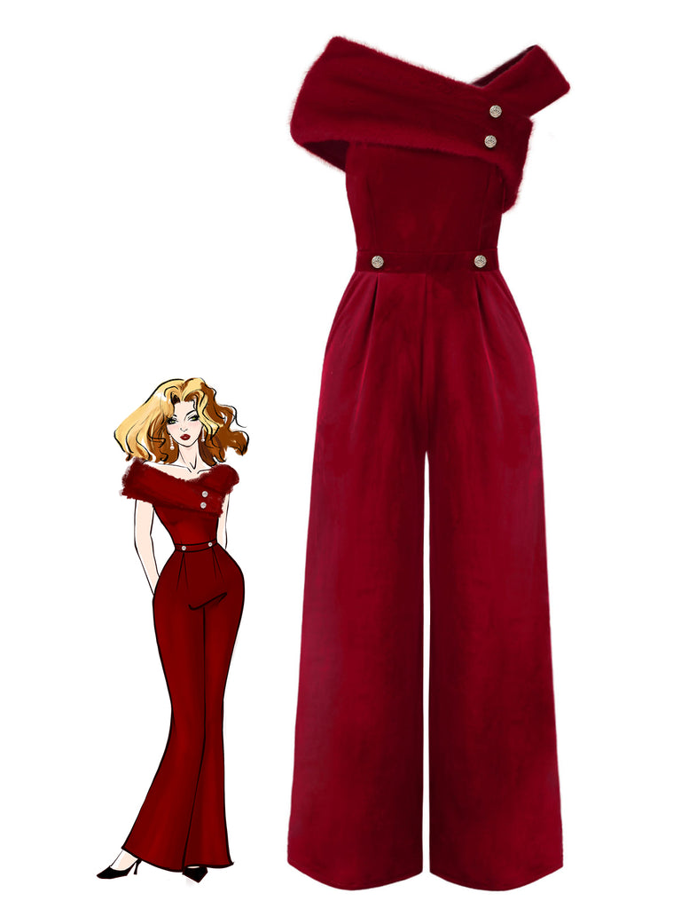 She finds her 1950s story in this 1950s Velvet Off Shoulder Button Jumpsuit