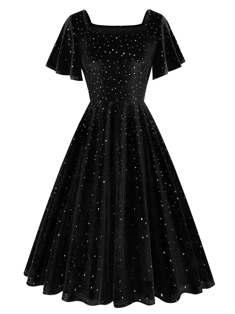 1950s Velvet Sparkling Solid A-Line Dress: where 1950s romance meets her modern spirit