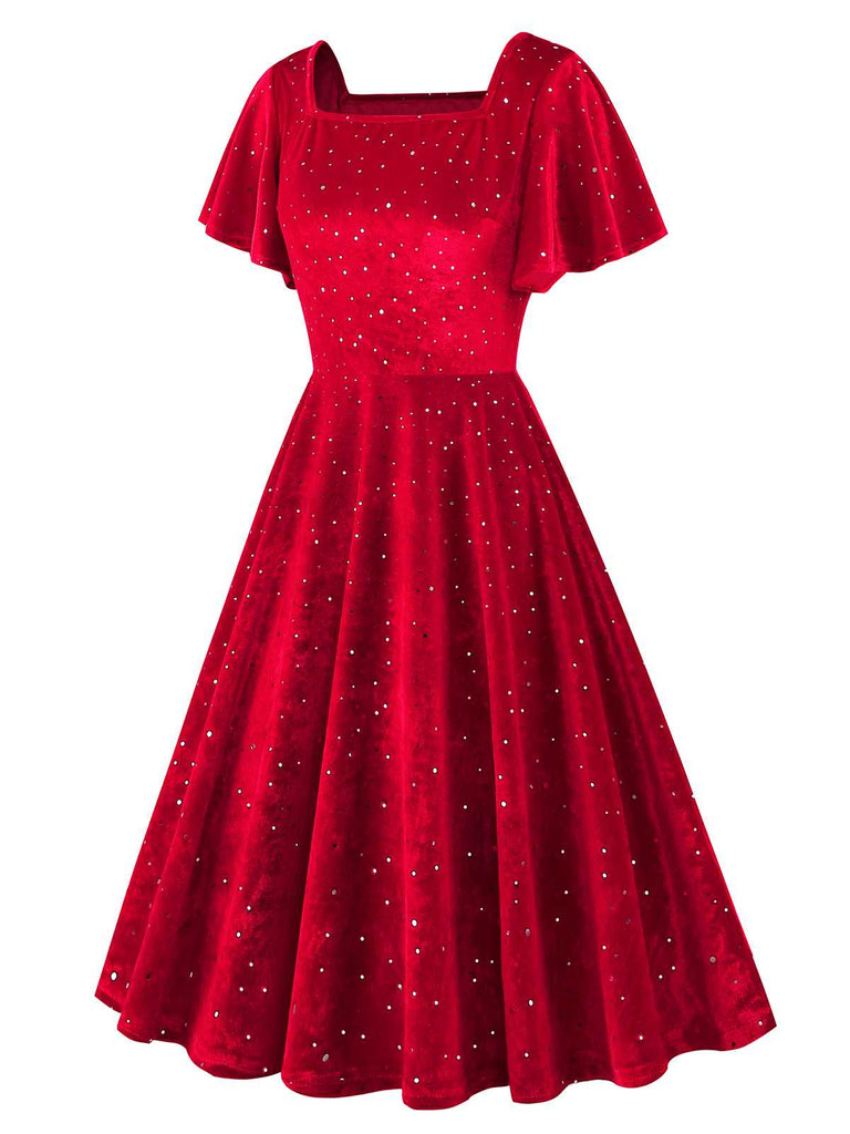 1950s Velvet Sparkling Solid A-Line Dress: where 1950s romance meets her modern spirit