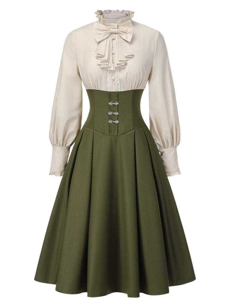 Retro Stage Victorian Bow Tie Ruffled Long Sleeve Dress