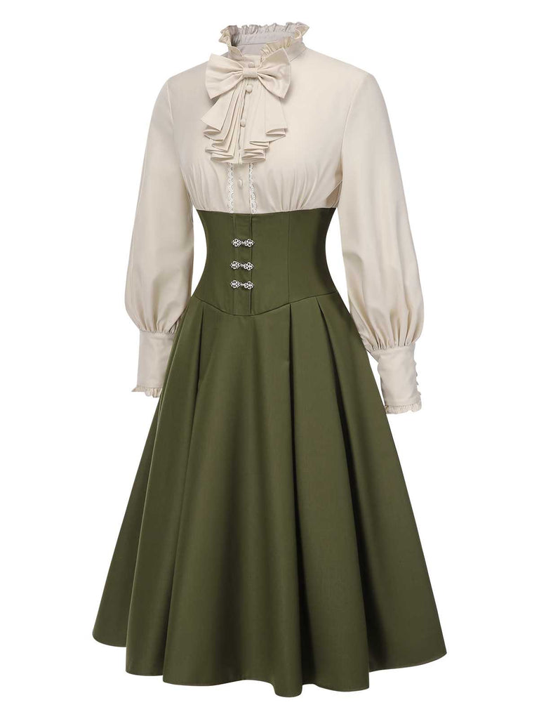 Retro Stage Victorian Bow Tie Ruffled Long Sleeve Dress
