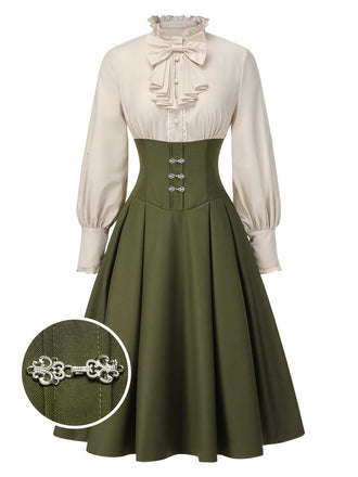 She slips into this 1950s Victorian Bow Tie Ruffled Long Sleeve Dress and suddenly it's a 1950s daydream