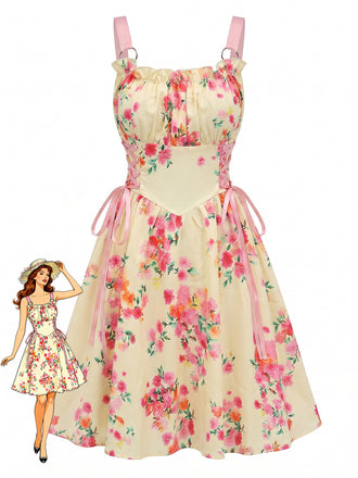 1950s Vintage Floral Lace-Up Swing Dress, vintage dress, retro fashion, rockabilly, pin-up fashion - perfect for women who love vintage and retro fashion