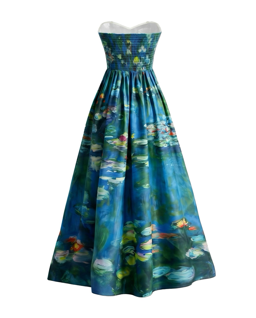 Blue 1950s Water Lily Sweetheart Strapless Dress