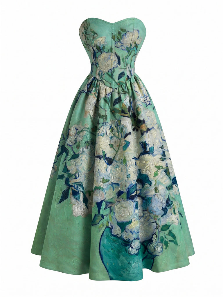 Retro Stage Sweetheart Water Lily Strapless Swing Corset Dress Vintage Whimsical Dress