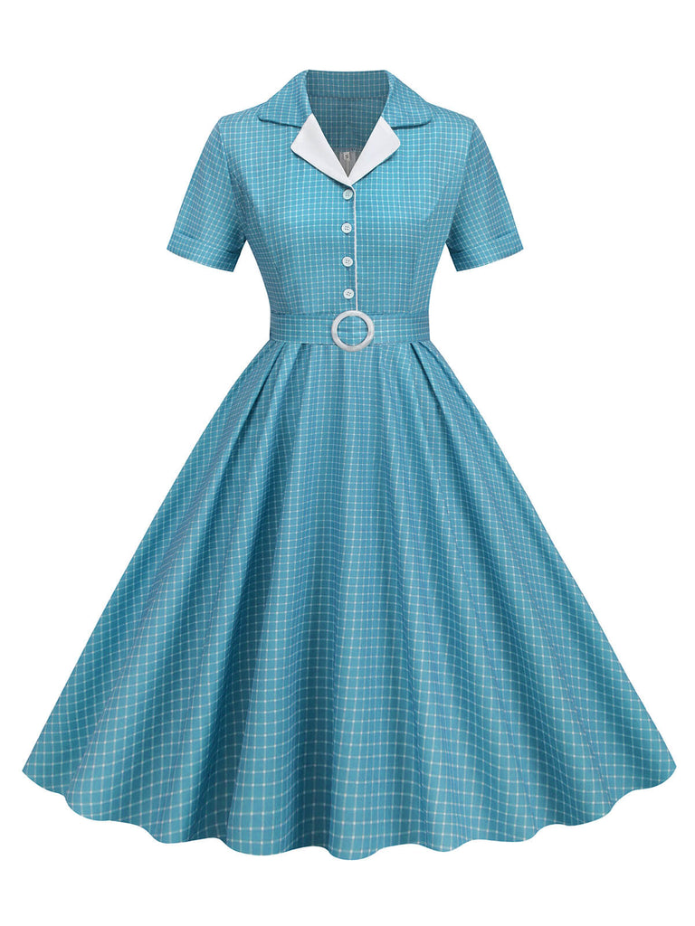 1950s Window Pane Plaid Lapel Swing Dress — a 1950s silhouette that turns sidewalks into runways