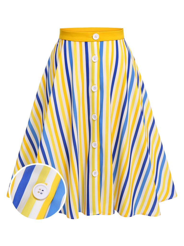 1950s Yellow White Blue Striped Button Skirt, vintage skirt, retro style - perfect for women who love vintage and retro fashion