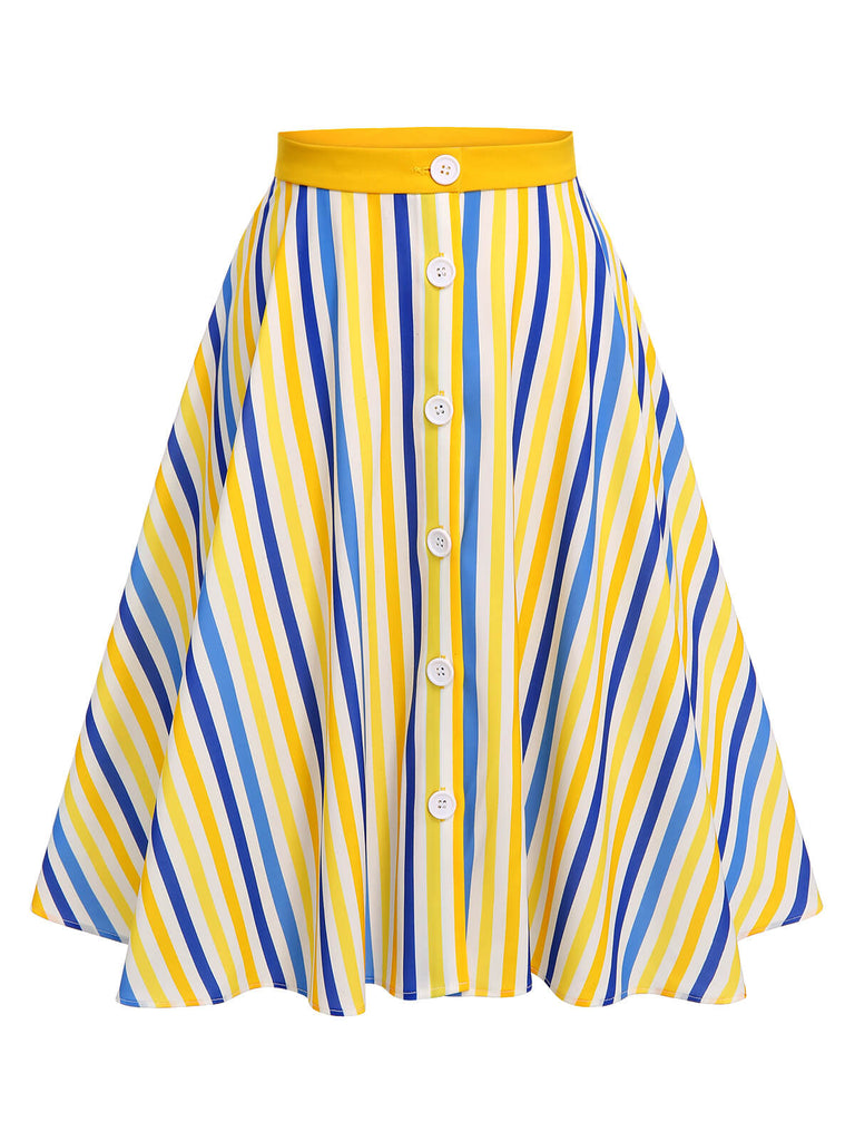 1950s Yellow White Blue Striped Button Skirt, vintage skirt, retro style - perfect for women who love vintage and retro fashion