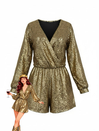 1970s V-Neck Sequin Long Sleeve Romper