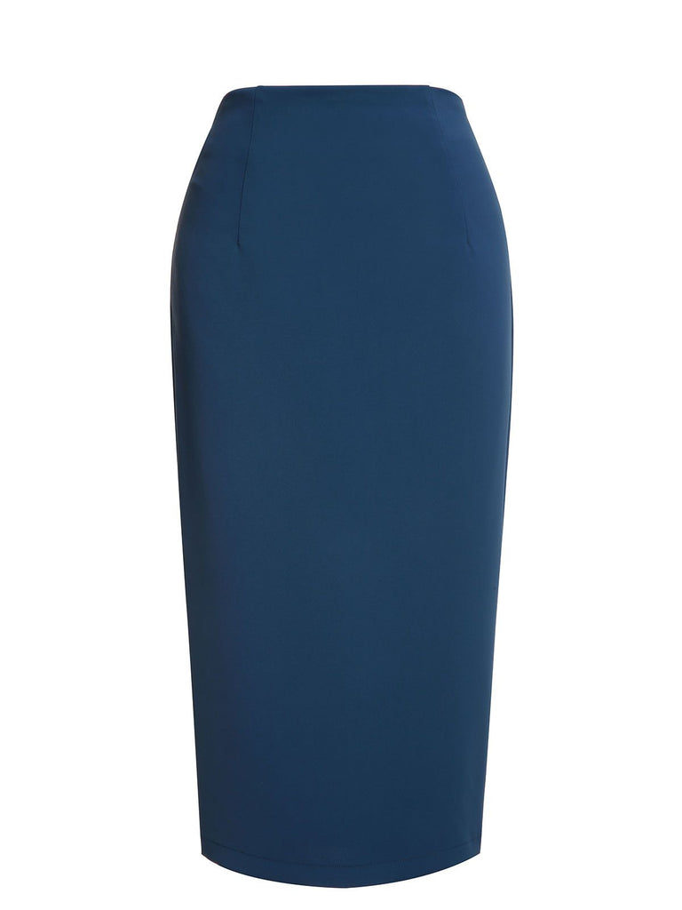 2PCS Navy Blue 1960s Stand Collar Shirt & Solid Wrap Skirts - vintage skirt, retro style