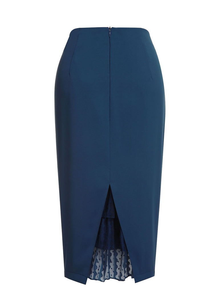 2PCS Navy Blue 1960s Stand Collar Shirt & Solid Wrap Skirts - vintage skirt, retro style