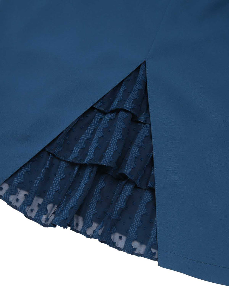 2PCS Navy Blue 1960s Stand Collar Shirt & Solid Wrap Skirts - vintage skirt, retro style