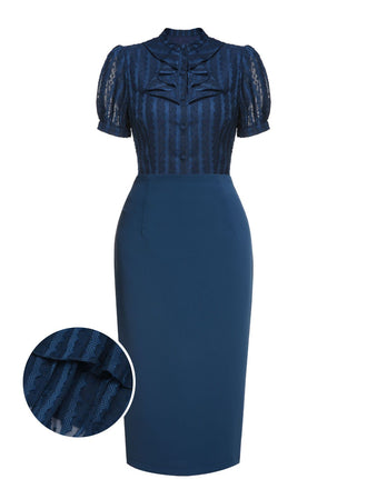 2PCS Navy Blue 1960s Stand Collar Shirt & Solid Wrap Skirts - vintage skirt, retro style