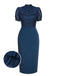 2PCS Navy Blue 1960s Stand Collar Shirt & Solid Wrap Skirts - vintage skirt, retro style