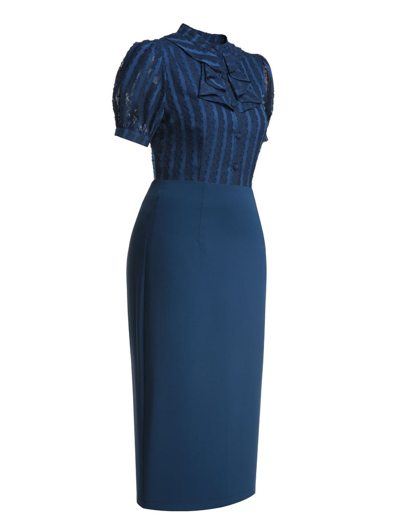 2PCS Navy Blue 1960s Stand Collar Shirt & Solid Wrap Skirts - vintage skirt, retro style