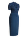 2PCS Navy Blue 1960s Stand Collar Shirt & Solid Wrap Skirts - vintage skirt, retro style