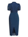 2PCS Navy Blue 1960s Stand Collar Shirt & Solid Wrap Skirts - vintage skirt, retro style