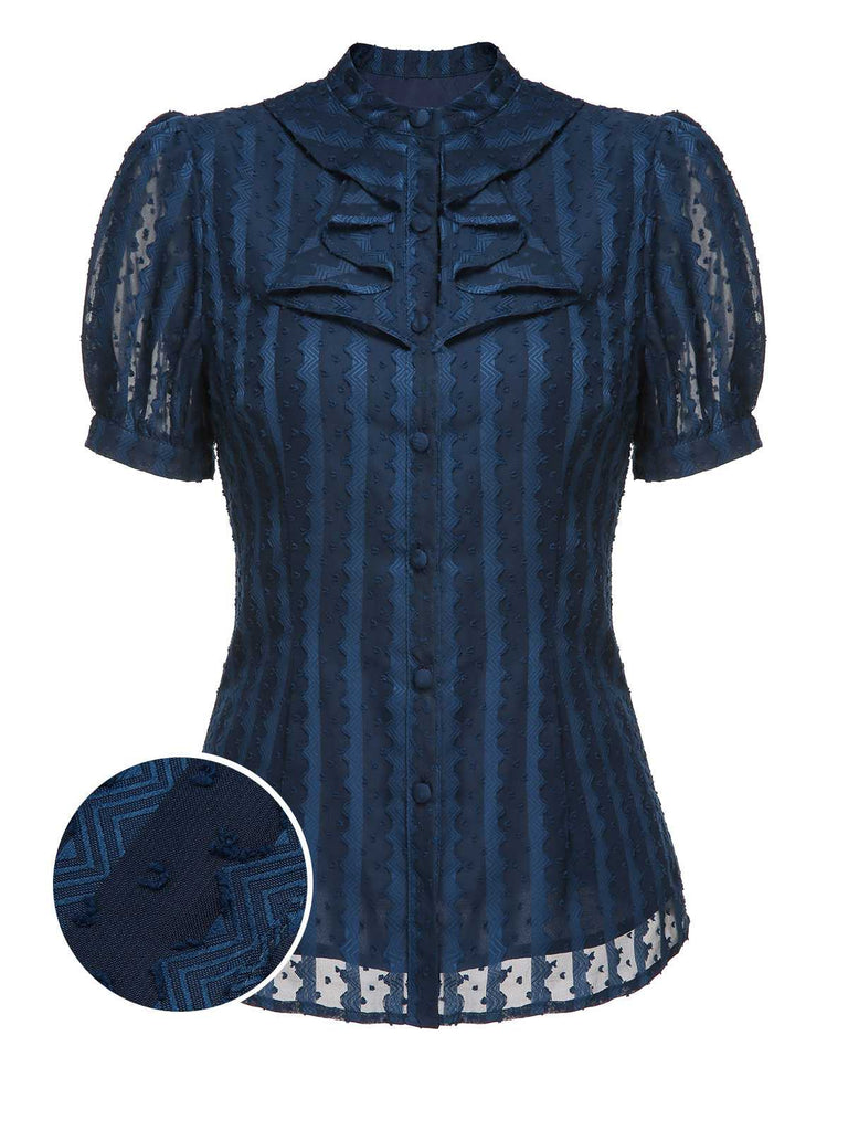 2PCS Navy Blue 1960s Stand Collar Shirt & Solid Wrap Skirts - vintage skirt, retro style