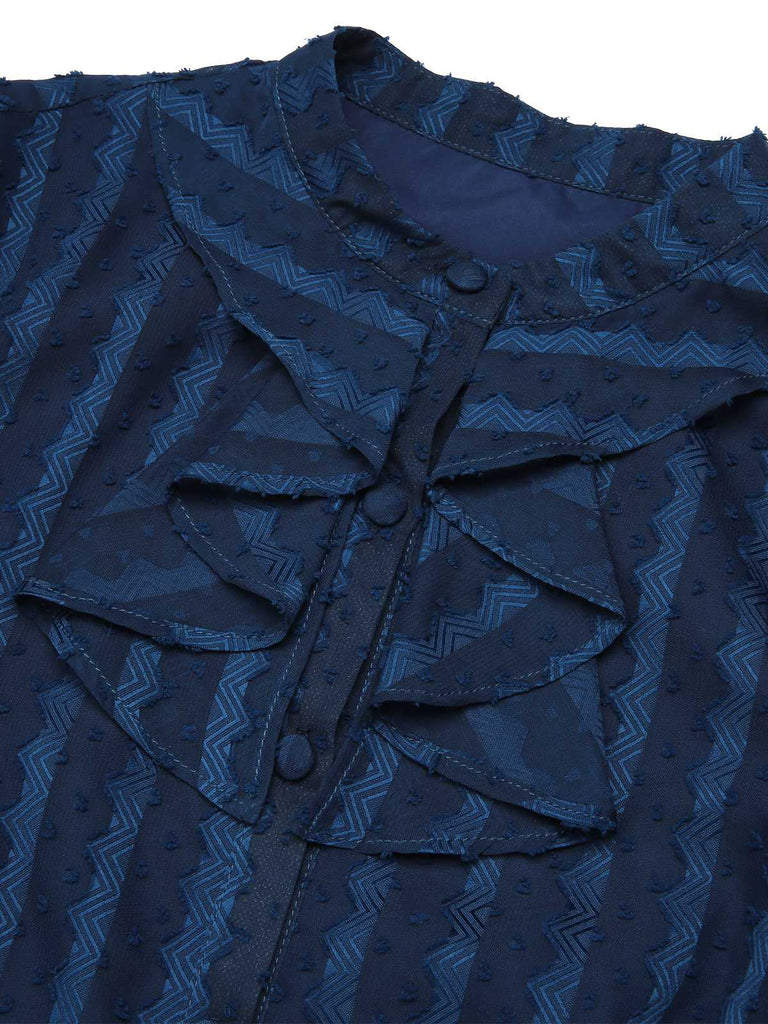 2PCS Navy Blue 1960s Stand Collar Shirt & Solid Wrap Skirts - vintage skirt, retro style