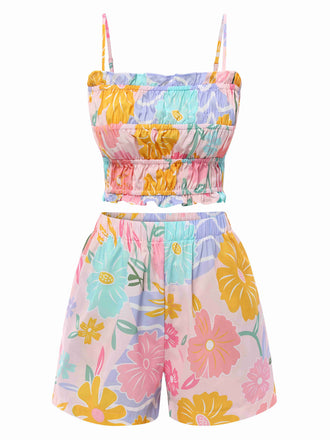 2PCS Pink 1960s Floral Print Ruffles Spaghetti Straps Camisole & Shorts - vintage fashion, retro style