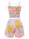 2PCS Pink 1960s Floral Print Ruffles Spaghetti Straps Camisole & Shorts - vintage fashion, retro style