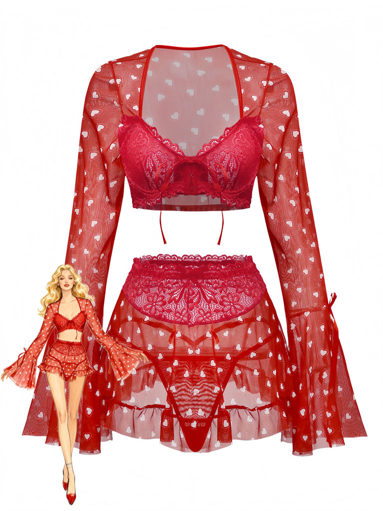 2PCS Red 1960s Heart Bow Ruffled Valentine's Pajamas - vintage fashion, retro style, elegant red