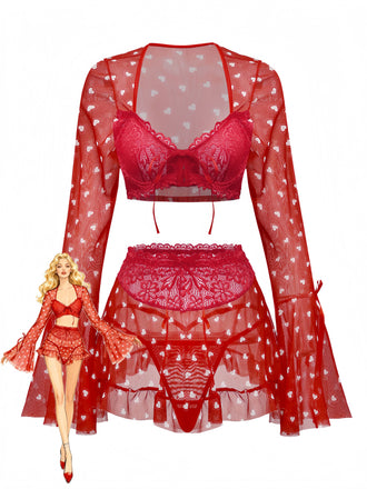 2PCS Red 1960s Heart Bow Ruffled Valentine's Pajamas - vintage fashion, retro style, elegant red