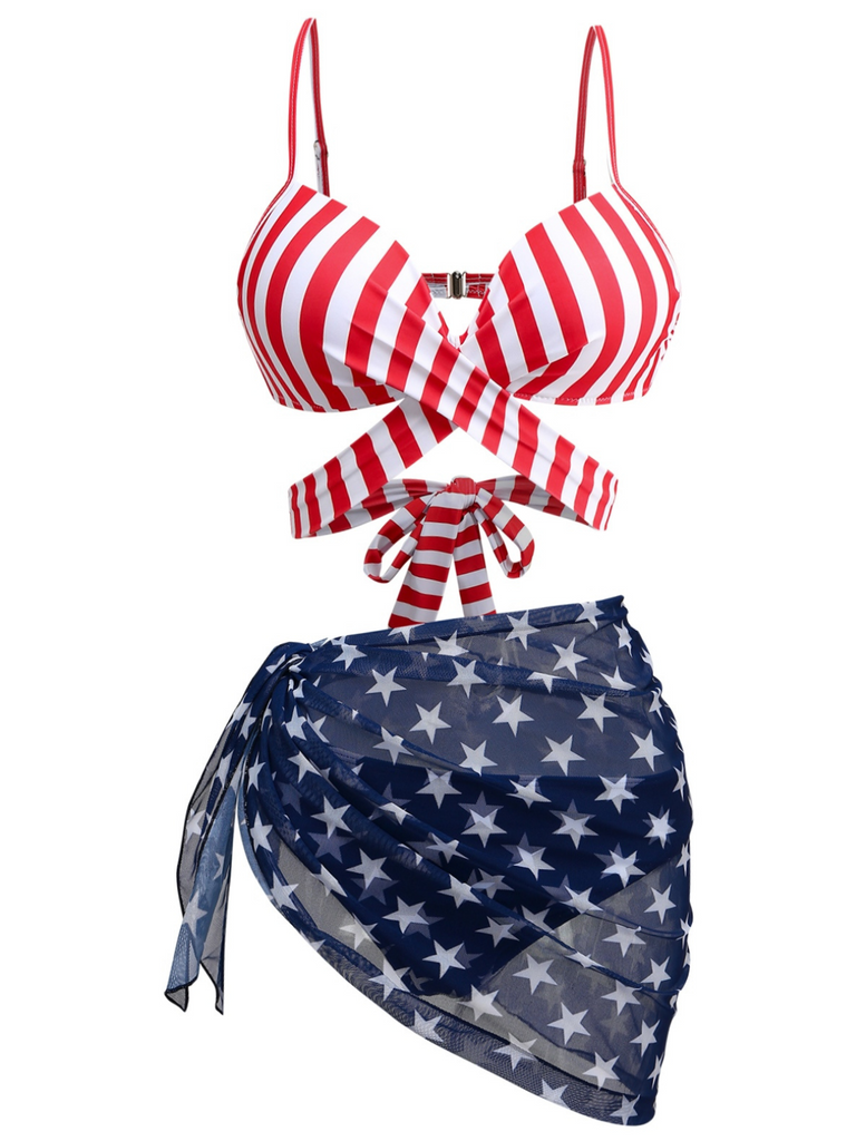 2PCS 1960s Red Striped Bikini Set & Blue Star Cover-Up - vintage fashion, retro style, elegant red