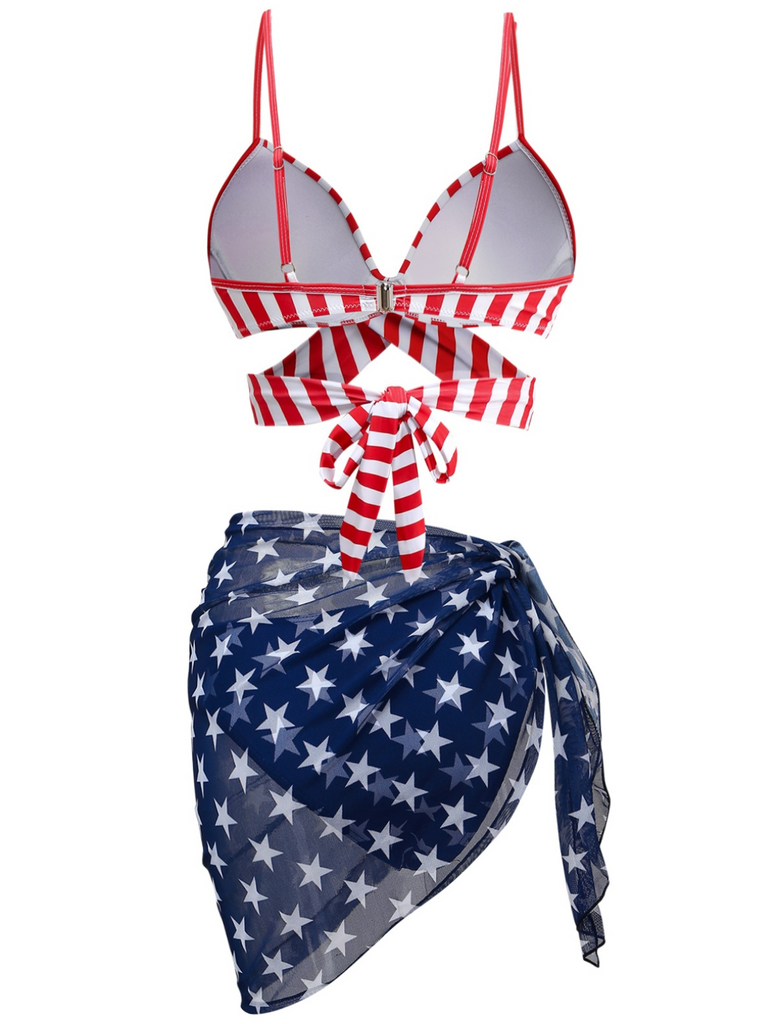 2PCS 1960s Red Striped Bikini Set & Blue Star Cover-Up - vintage fashion, retro style, elegant red