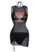 3PCS Black 1960s Vacation Print Mesh Halter Ruched Bikini Set & Cover-Up - vintage fashion, retro style, classic black