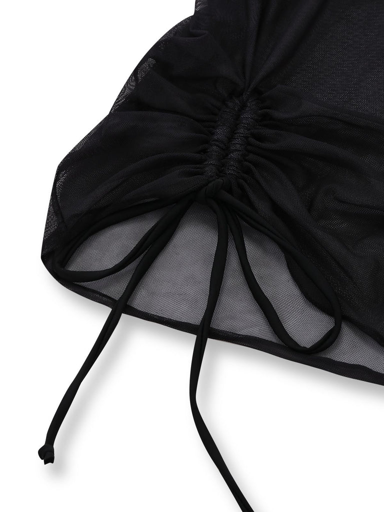 3PCS Black 1960s Vacation Print Mesh Halter Ruched Bikini Set & Cover-Up - vintage fashion, retro style, classic black
