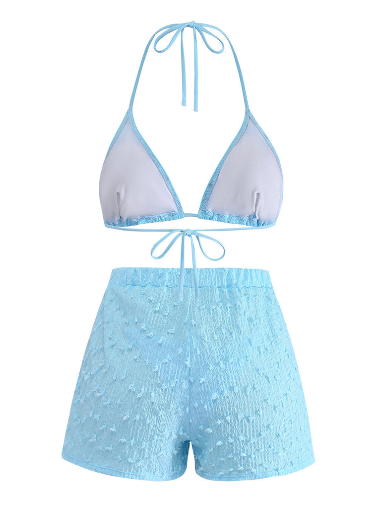 3PCS Sky Blue 1960s Triangle Bikini & Tie Shorts Set - vintage fashion, retro style