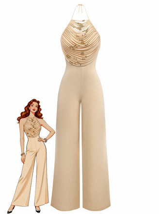 1960s Beaded Ruched Backless Wide-Leg Jumpsuit - vintage jumpsuit, retro fashion