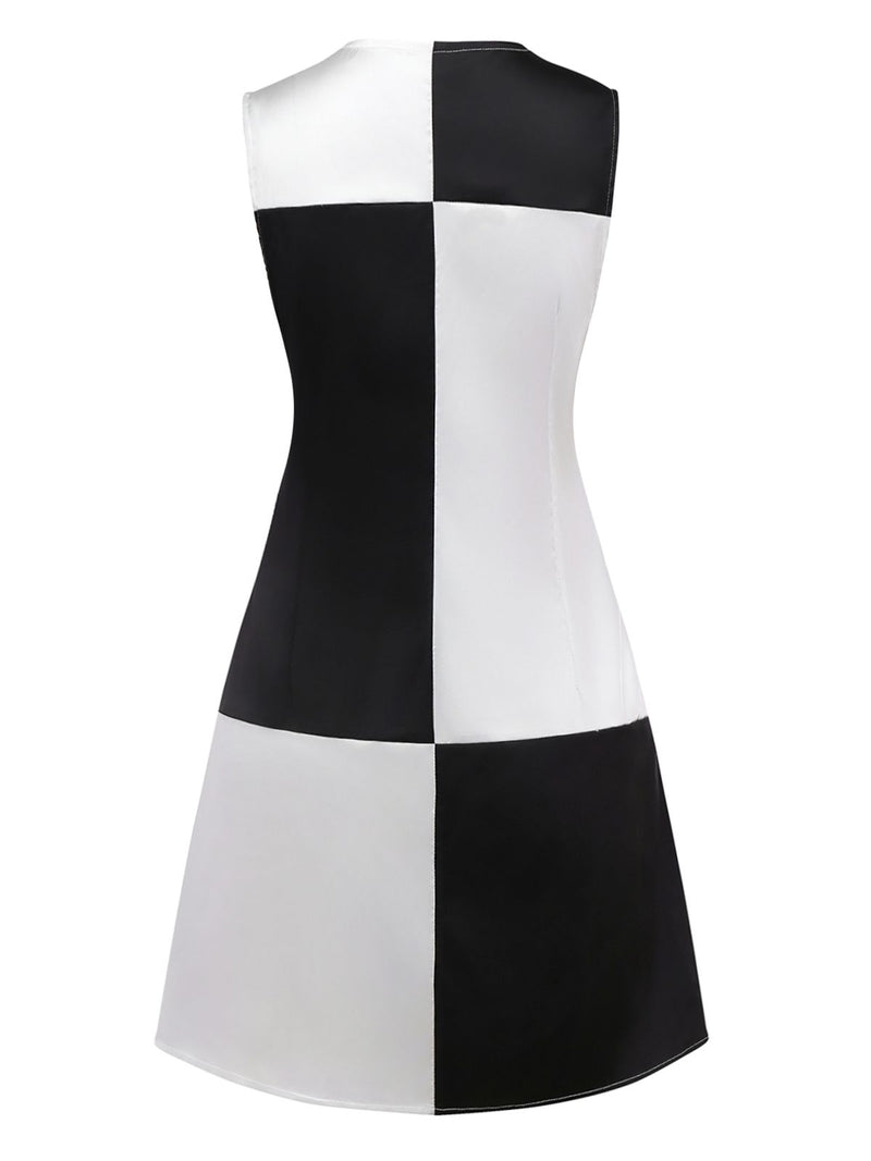 Women's Black&White Checkered Color Block Shift Tunic Dress