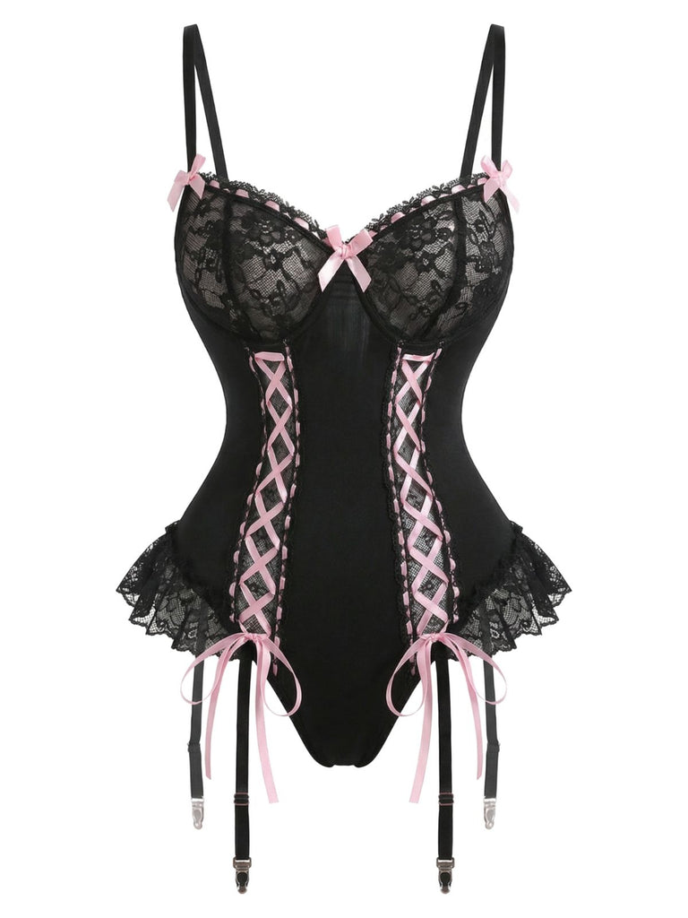 Black 1960s Lace Bow Corset Lingerie Set with Fishnet Stockings - vintage fashion, retro style, classic black