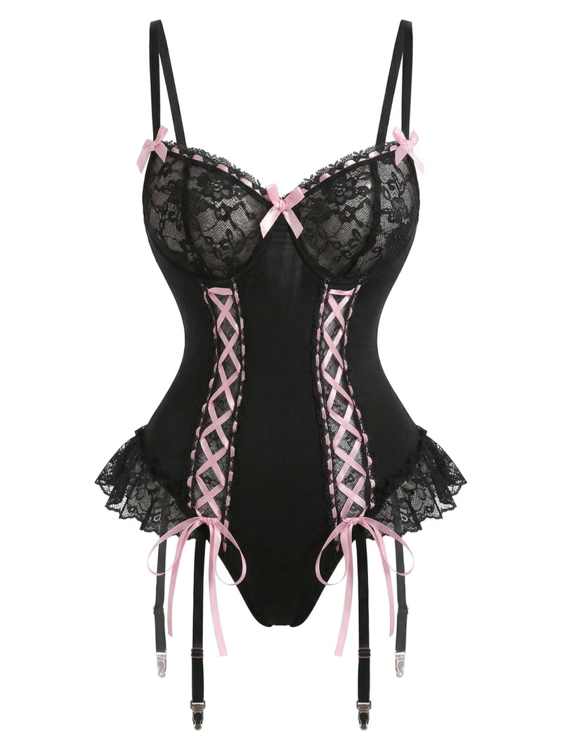 Black 1960s Lace Bow Corset Lingerie Set with Fishnet Stockings
