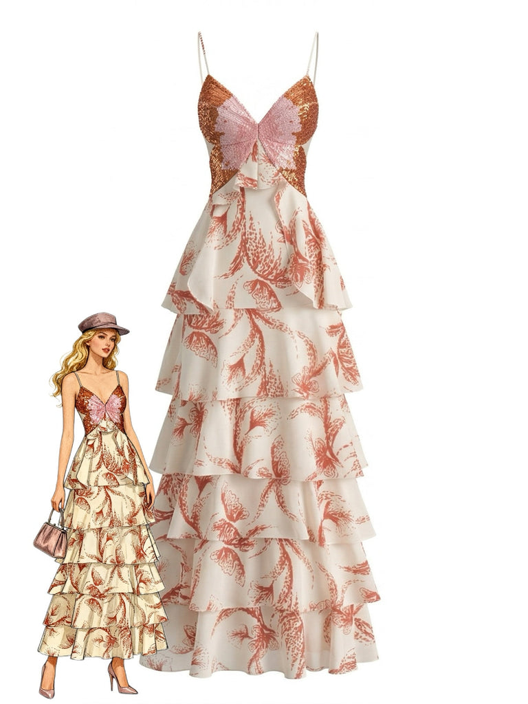Pink Butterfly Tiered Ruffle Spaghetti Strap Maxi Dress
