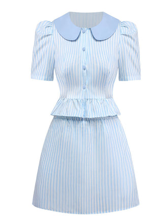 2PCS 1960s Vertical Stripes Peter Pan Collar Blouse & Skirt - vintage skirt, retro style