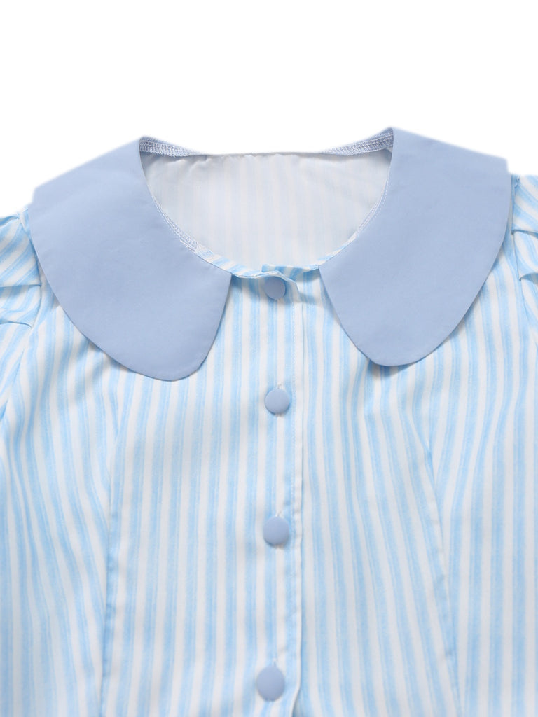 2PCS 1960s Vertical Stripes Peter Pan Collar Blouse & Skirt - vintage skirt, retro style
