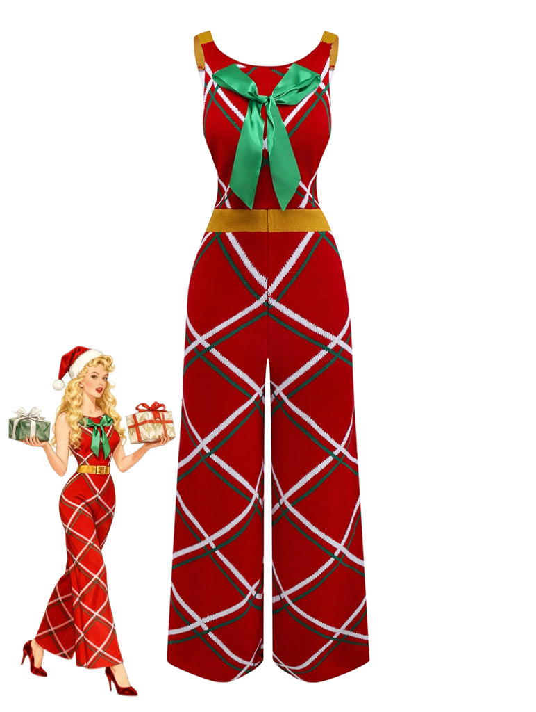 1960s Bow Christmas Plaid Patchwork Jumpsuit | Retro Stage