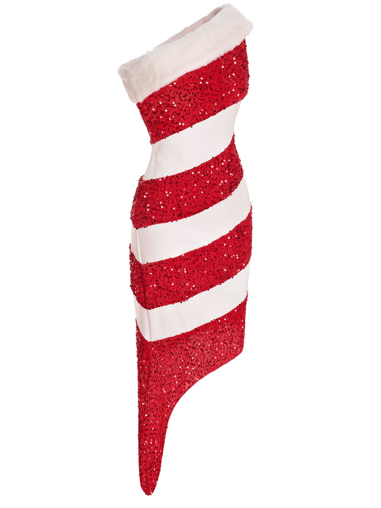 Christmas Candy Cane Costume | Pink Sequined One-Shoulder Striped Dress | Xmas Party Outfits Christmas Candy Cane Costume | Pink Sequined One-Shoulder Striped Dress | Xmas Party Outfits